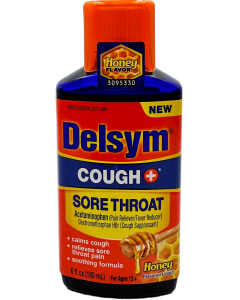 Delsym Cough & Sore Throat Syrup - Honey Flavored Liquid - 6 FL OZ